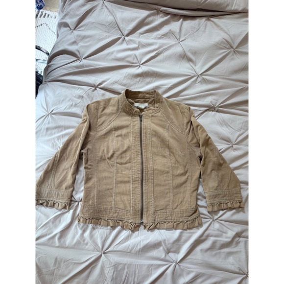Sandro Jackets & Blazers - Sandro Tan Corduroy Ruffle Trim Zip Up Jacket Womens Medium Brown Cotton